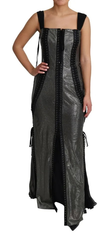 Dolce & Gabbana Black Crystals Lace Up Runway Gown Dress