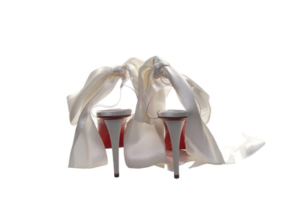 Christian Louboutin Astrinodo 100 Ivory Crystal Embellished Bow and Satin Ankle Wrap High Heels