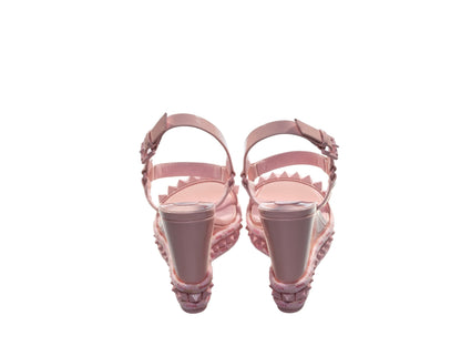 Christian Louboutin Pyraclou 100 Rosy Pink Studded Patent Leather High Heel Wedge Sandals
