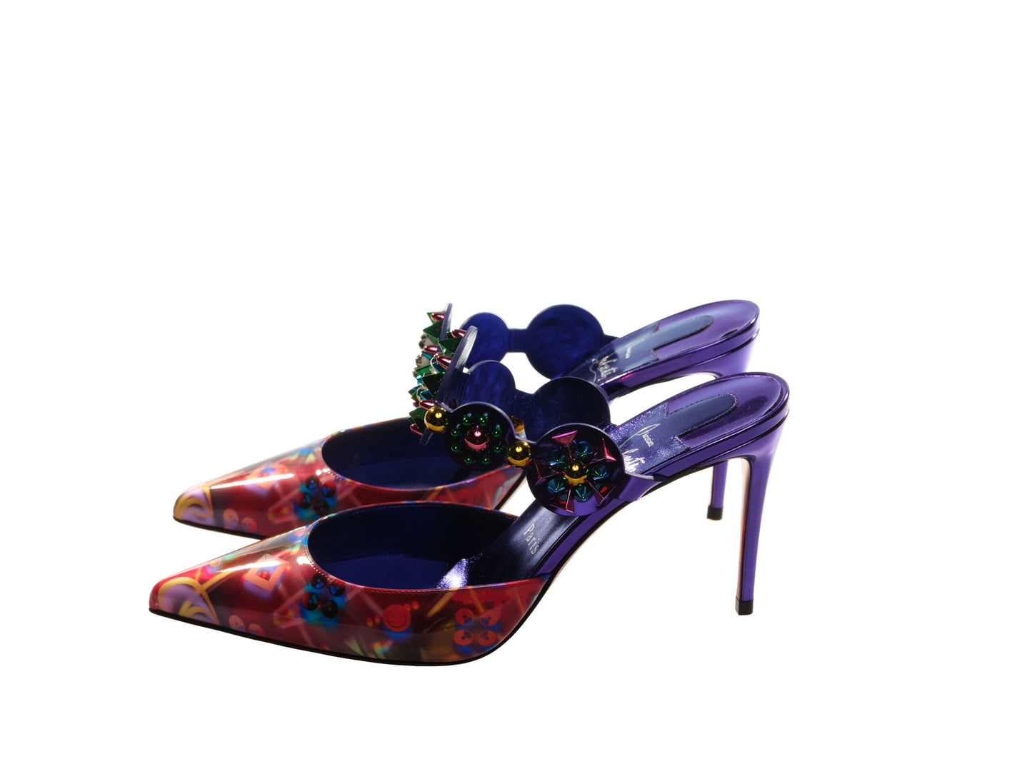 Christian Louboutin Miss Goldora 85 Embellished Buckle Multicolour Mule Heels