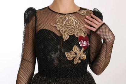 Dolce & Gabbana Black Gold Crystal Heart A-line Dress
