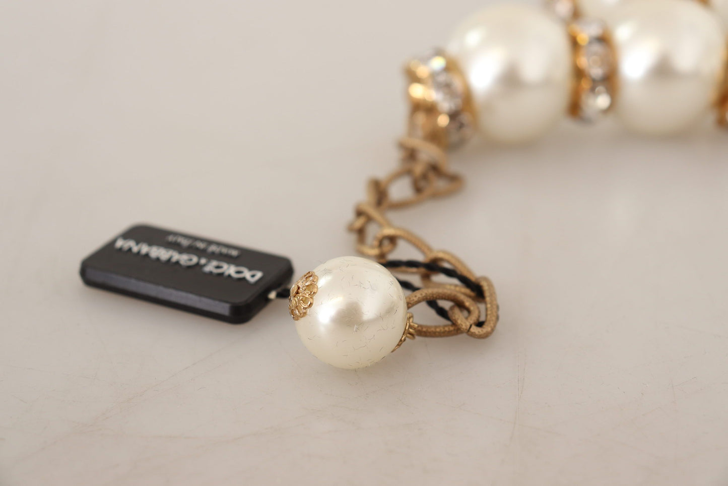 Dolce & Gabbana Elegant Faux Pearl Charm Necklace with Crystal Accents