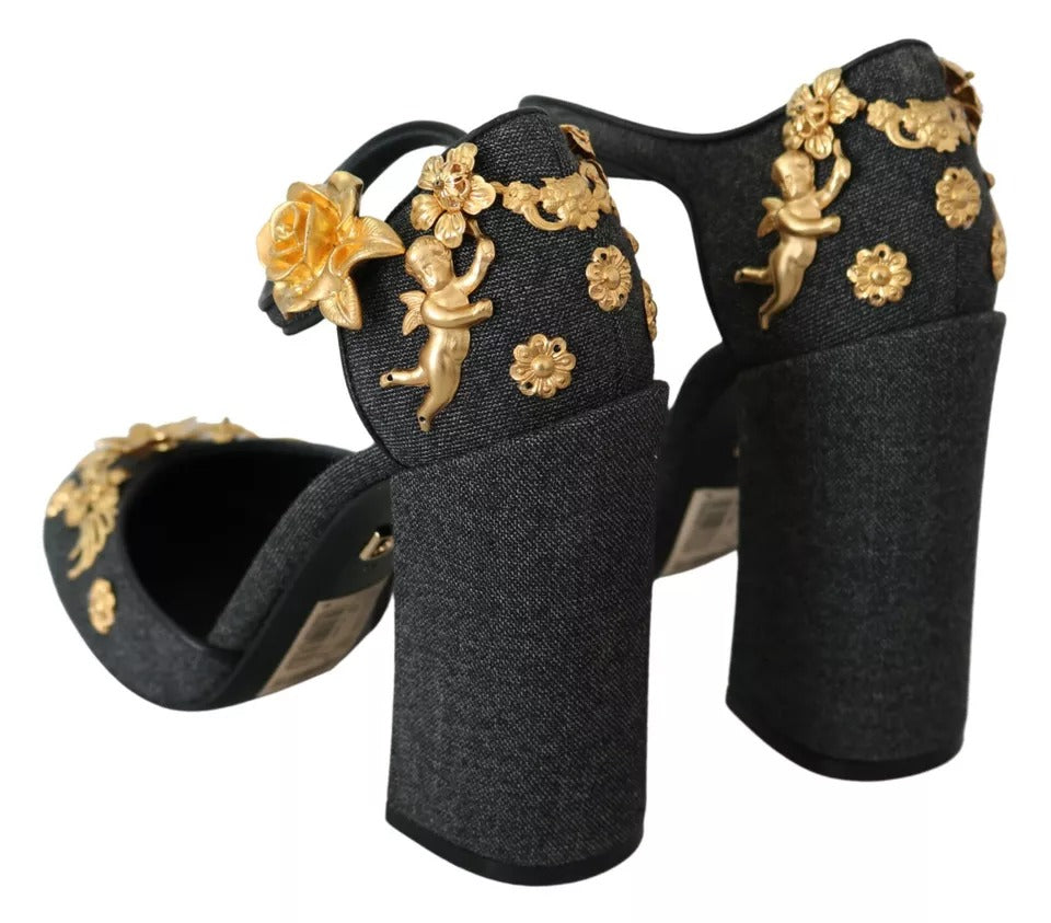 Dolce & Gabbana Black Floral Angel Applique Ankle Strap Pumps Shoes