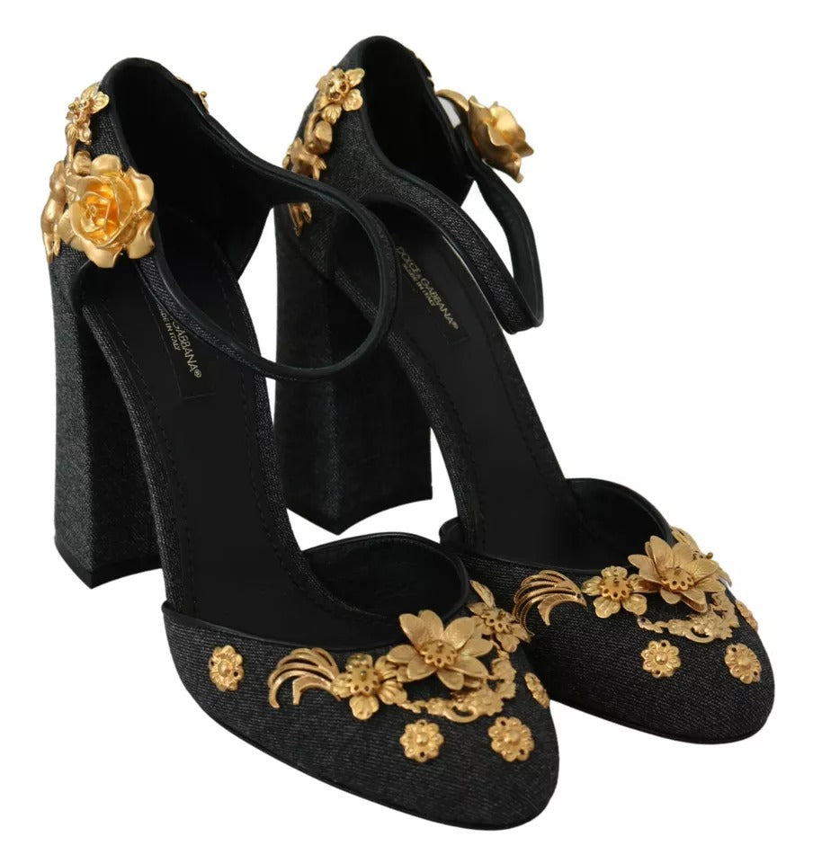 Dolce & Gabbana Black Floral Angel Applique Ankle Strap Pumps Shoes