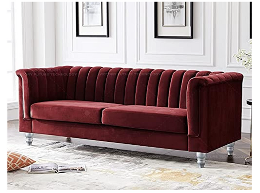 Luxury Design European Style Living Room Sofa Set Furniture Design Modern Velvet Fabric 3 Seater Sofa (Mehroon)