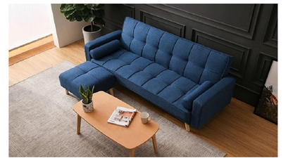 Light luxury fabric sofa bed sectional Furniture with square ottoman (Blue)