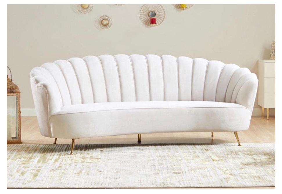 Flower elegant style, velvet fabric upholstered,3 seater curved sofa couch living room sofa (white)