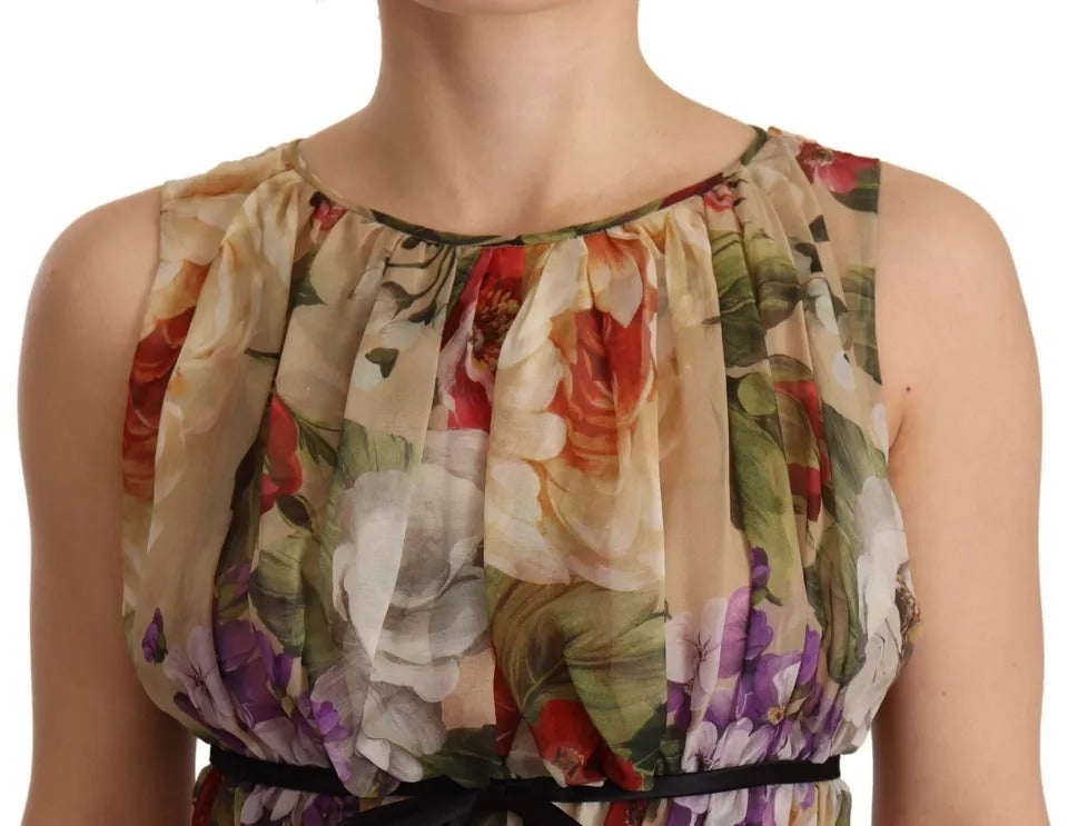 Dolce & Gabbana Beige Floral Sleeveless Round Neck Mini Dress