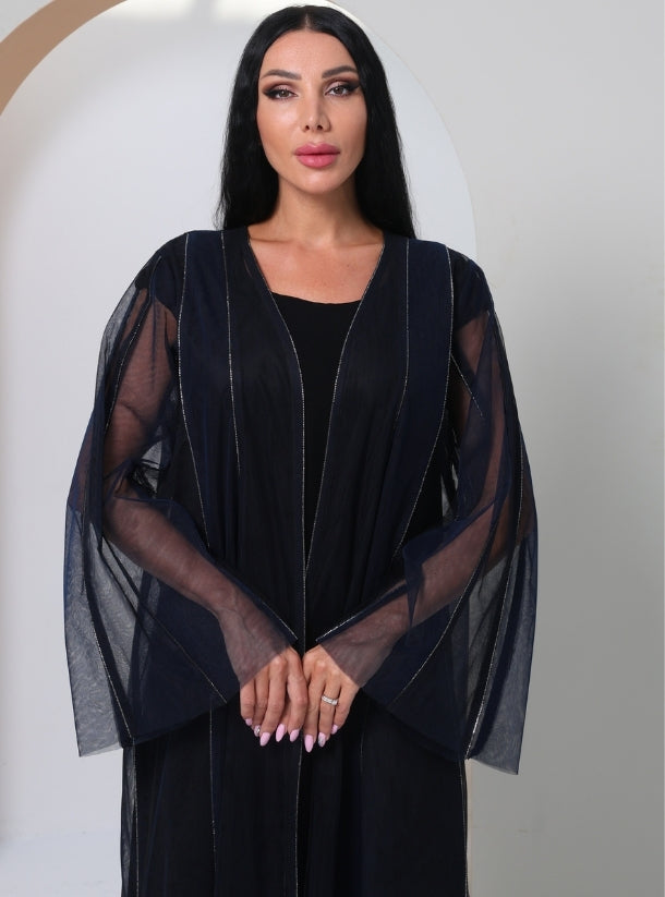 Midnight Reverie: Mesmerize in Navy Blue and Black Front Open Tulle Abayas Embellished with Glistening Crystal Streaks.