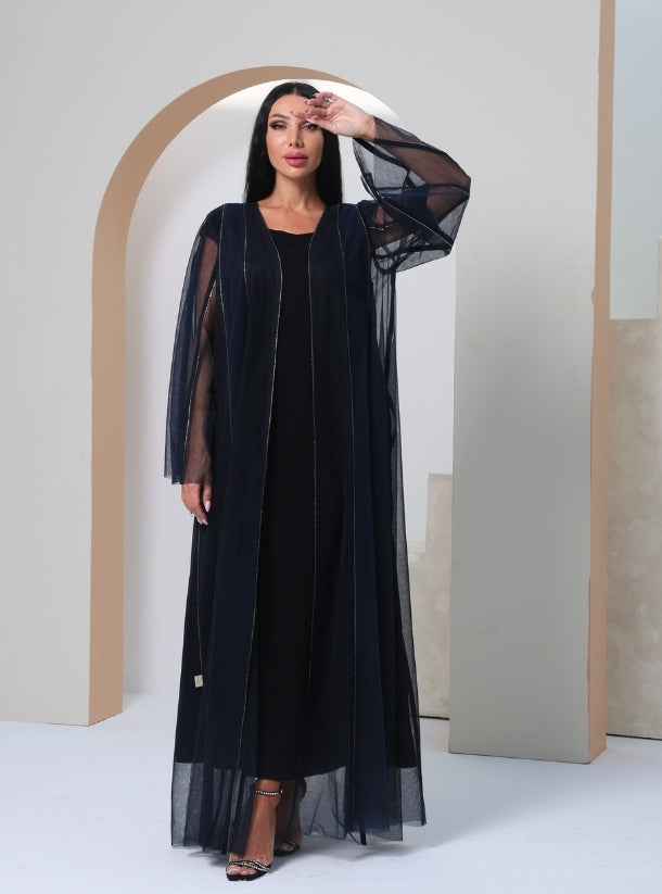 Midnight Reverie: Mesmerize in Navy Blue and Black Front Open Tulle Abayas Embellished with Glistening Crystal Streaks.