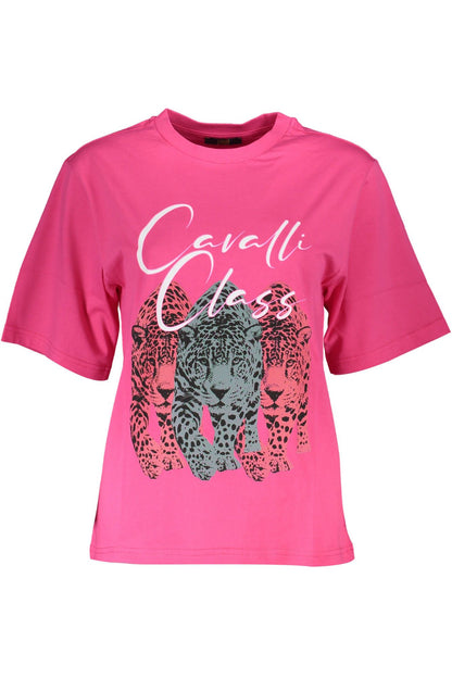 Cavalli Class Elegant Slim Fit Pink Tee with Chic Print