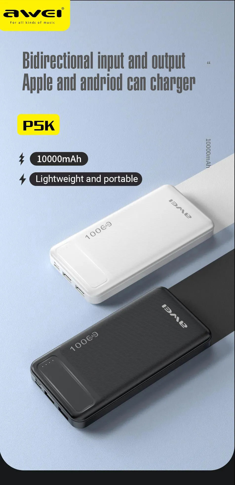 AWEI P5K Portable Power Bank 10000mAh Powerbank Dual USB /A Type c Micro Dual input Fast Charge Travel Poverbank white