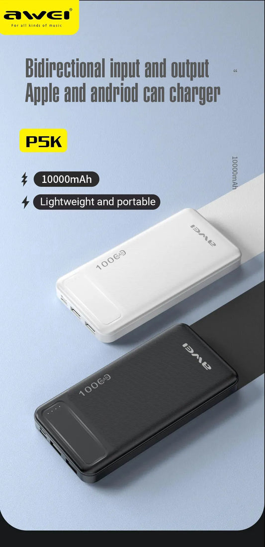 AWEI P5K Portable Power Bank 10000mAh Powerbank Dual USB /A Type c Micro Dual input Fast Charge Travel Poverbank white