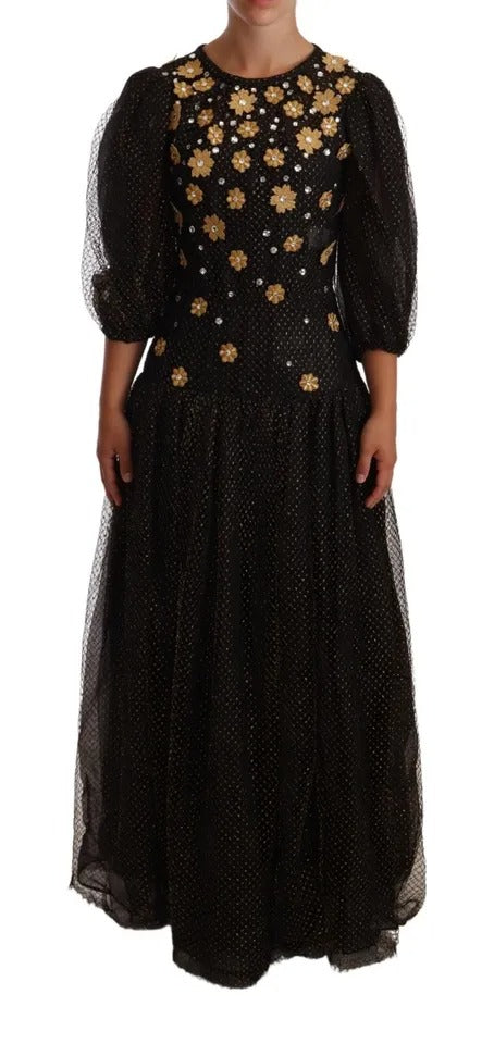 Dolce & Gabbana Black Crystal Floral Maxi Ball Gown Dress