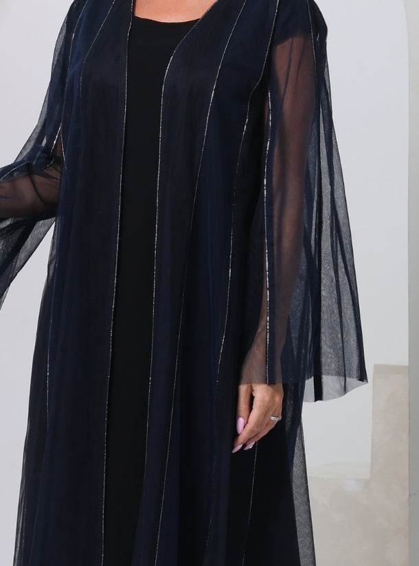 Midnight Reverie: Mesmerize in Navy Blue and Black Front Open Tulle Abayas Embellished with Glistening Crystal Streaks.