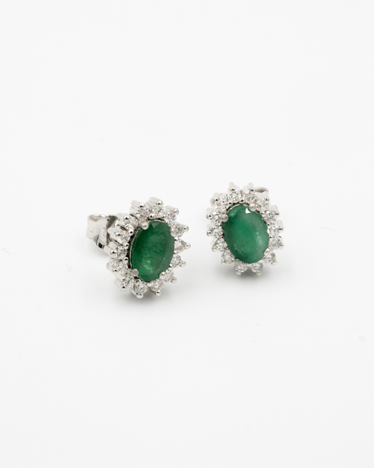 EMERALD AND DIAMOND HALO STUD EARRINGS