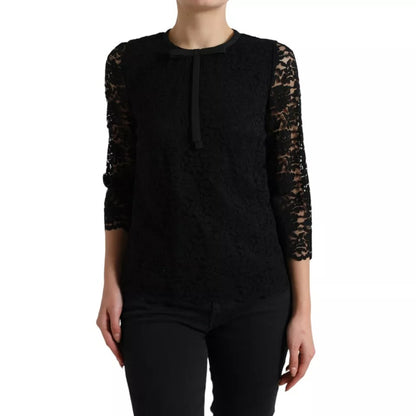 Dolce & Gabbana Black Floral Lace Long Sleeves Blouse Top
