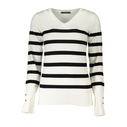 Guess Jeans Chic V-Neck Striped Sweater with Logo Embroidery