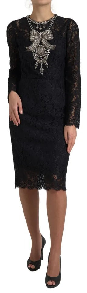 Dolce & Gabbana Black Nylon Lace Embellished Sheath Dress
