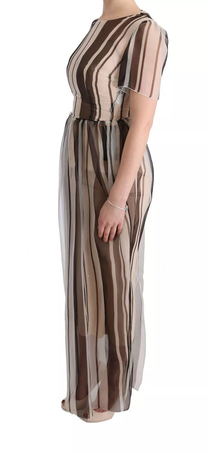 Dolce & Gabbana Beige Brown Striped Silk Sheath Dress