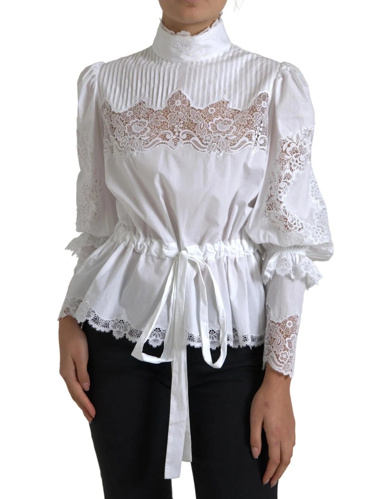 Dolce & Gabbana White Cotton Lace Trim Turtle Neck Blouse