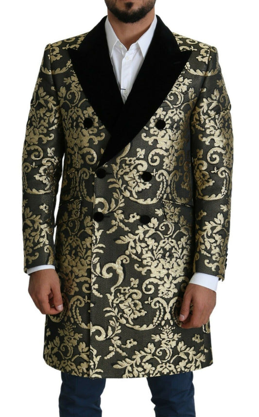 Dolce & Gabbana Gold Black Sicilia Jacquard Double-Breasted Coat