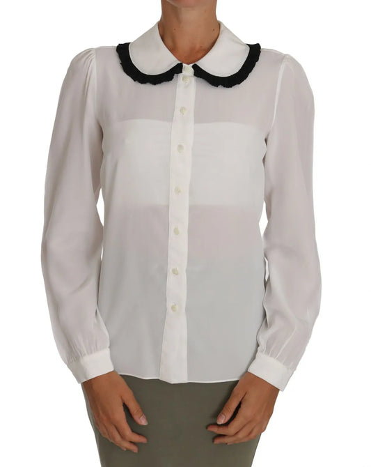 Dolce & Gabbana White Silk Shirt Ruffle Rouded Collar Blouse