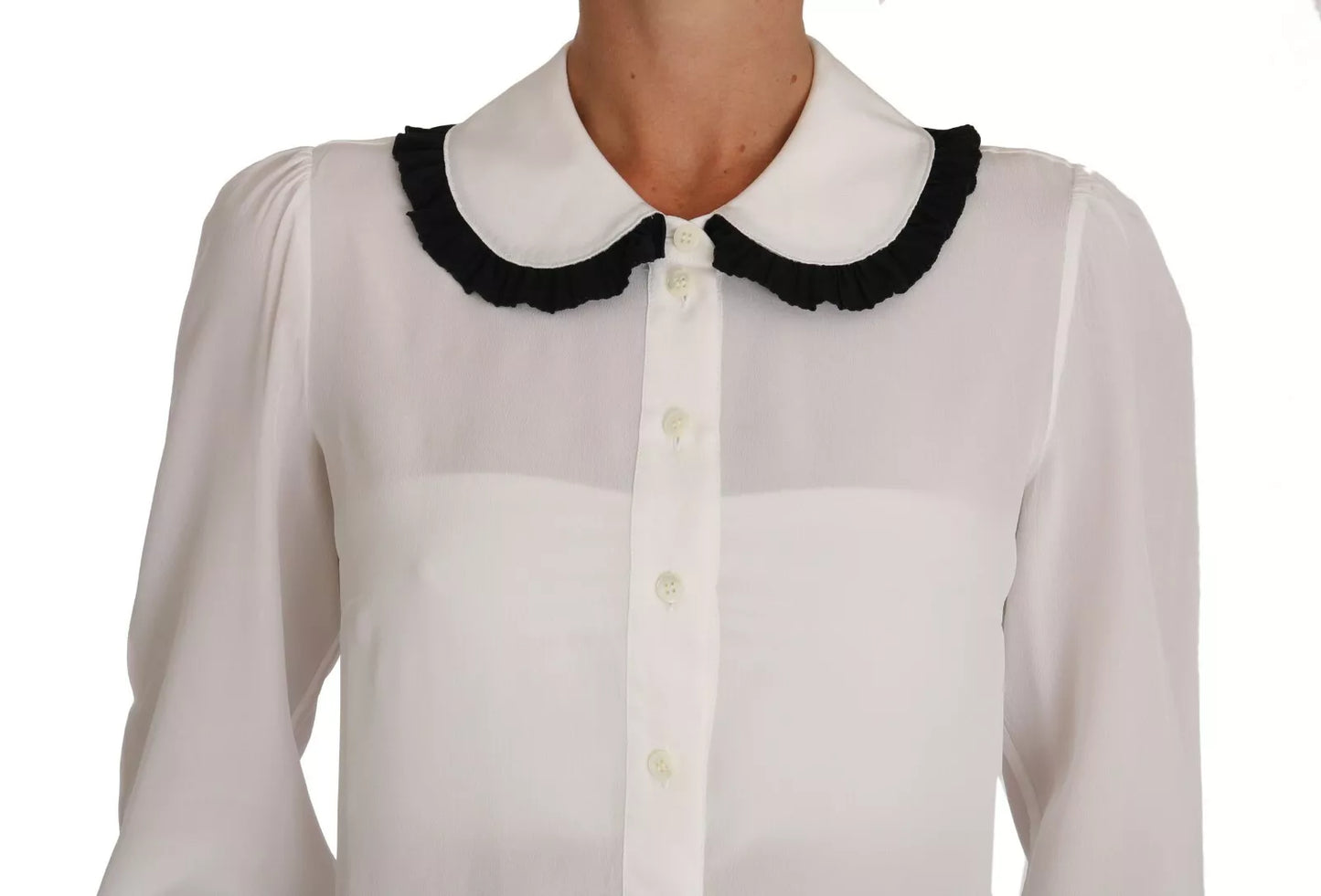 Dolce & Gabbana White Silk Shirt Ruffle Rouded Collar Blouse