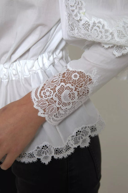 Dolce & Gabbana White Cotton Lace Trim Turtle Neck Top Blouse