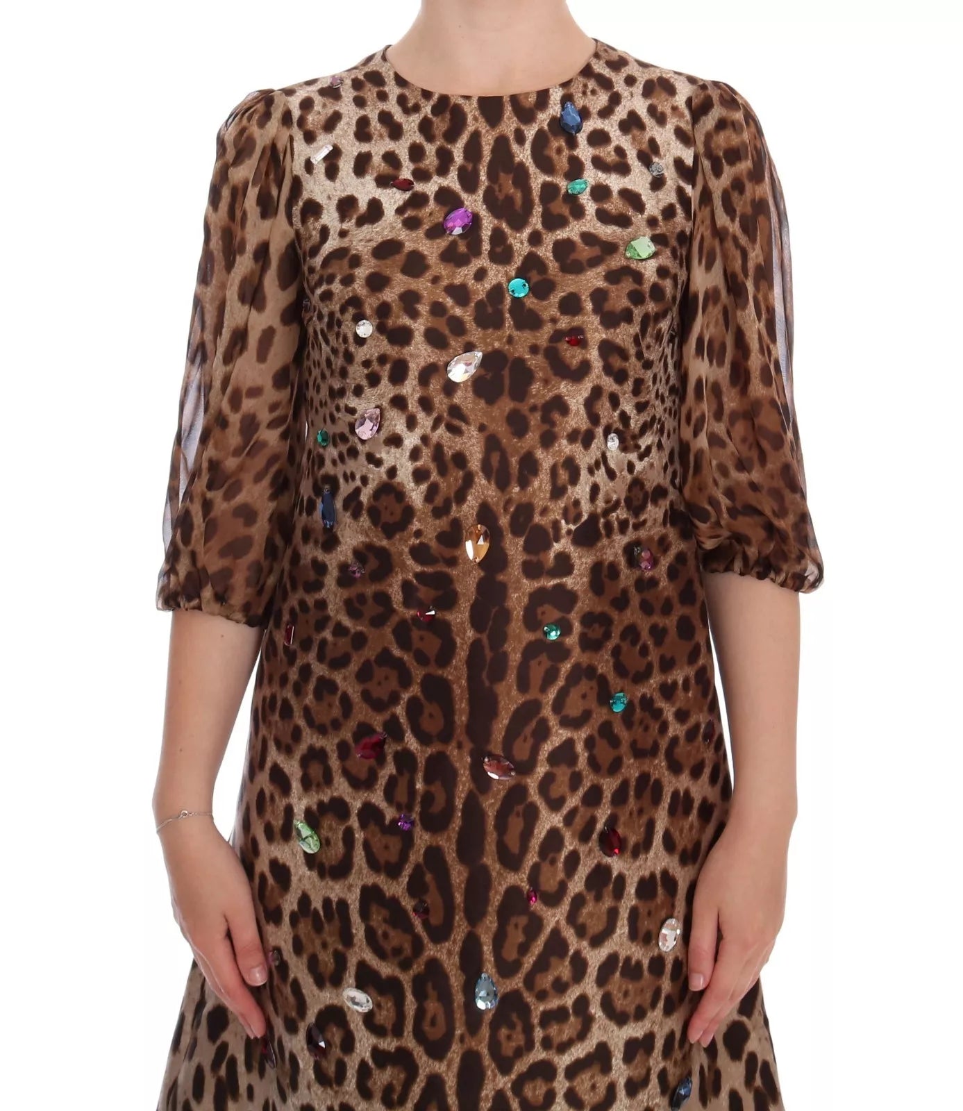 Dolce & Gabbana Leopard Silk Wool Crystal Shift Dress