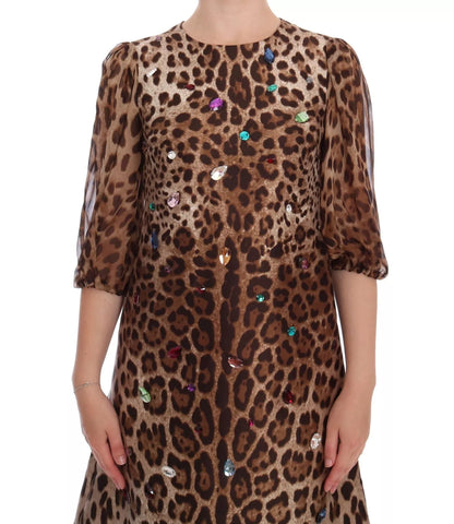 Dolce & Gabbana Leopard Silk Wool Crystal Shift Dress
