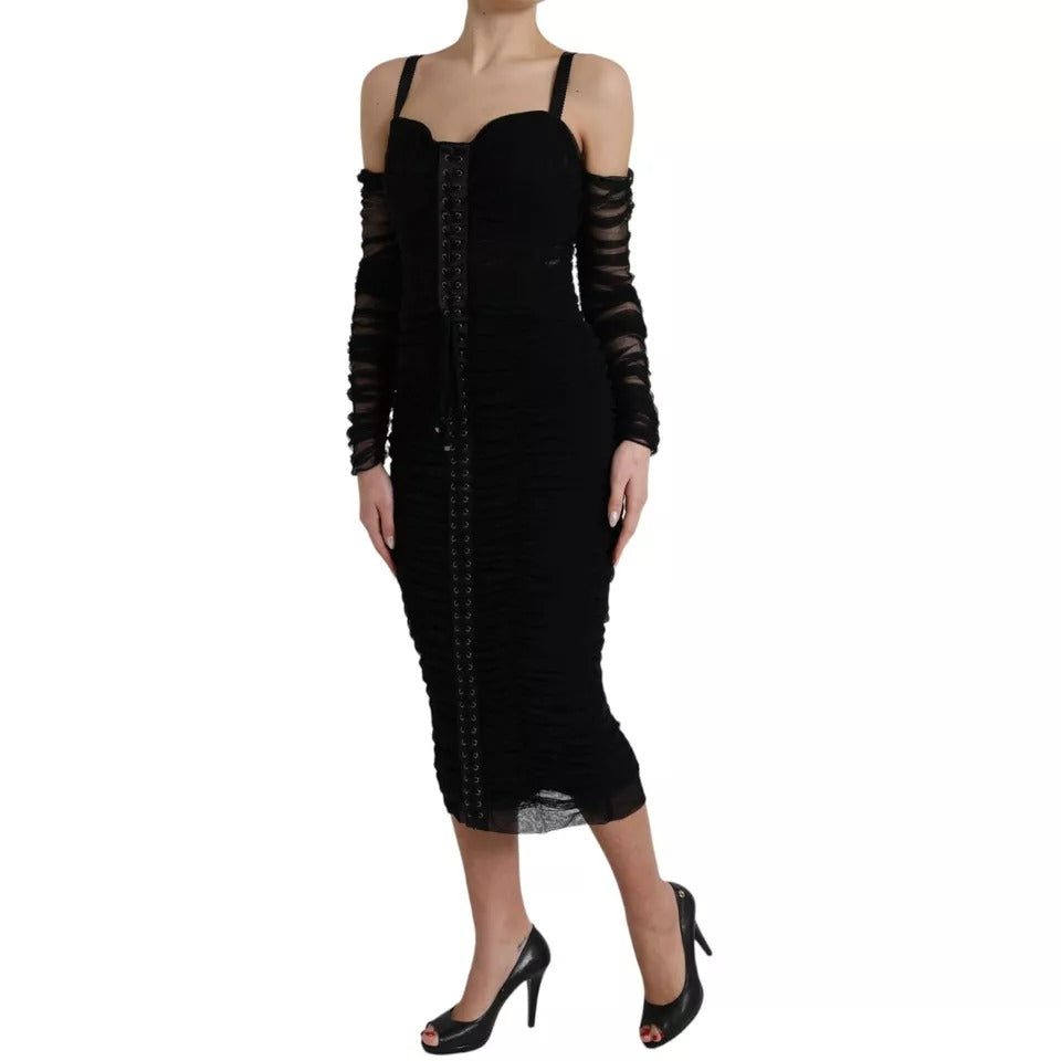 Dolce & Gabbana Black Cold Shoulder Stretch Tulle Midi Dress