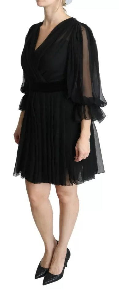Dolce & Gabbana Black Mesh Pleated Mini Silk Blend Dress