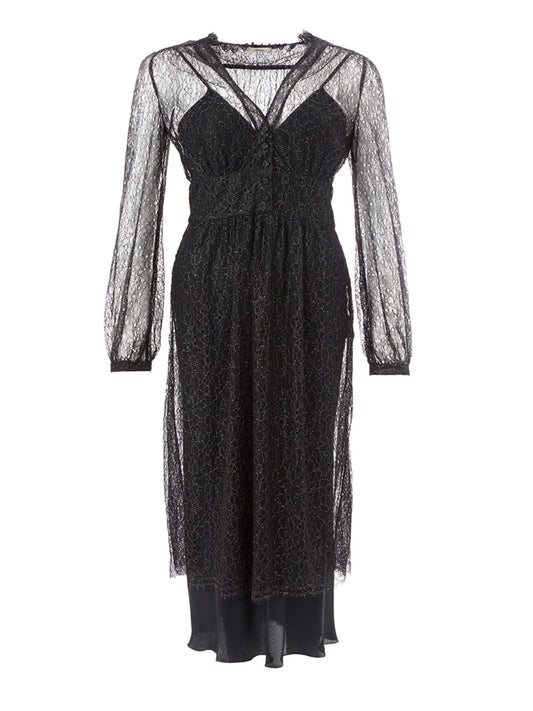 Lardini Elegant Black Lace-Embellished Long Dress