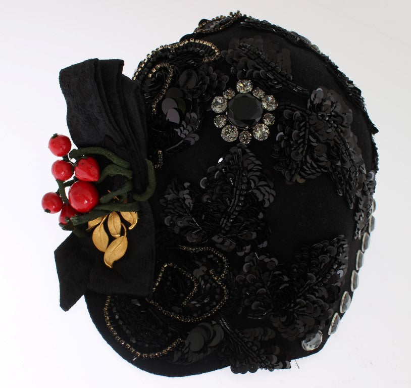 Dolce & Gabbana Black Crystal Gold Cherries Brooch Hat