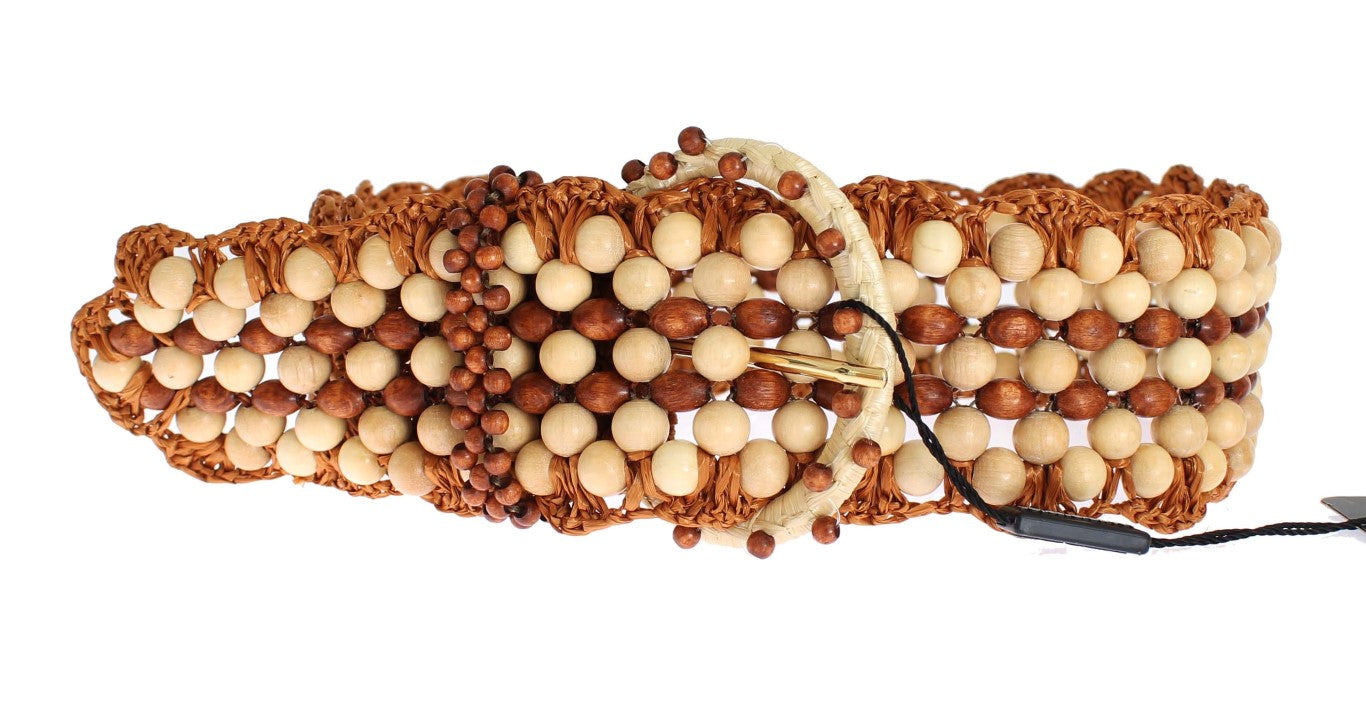 Dolce & Gabbana Brown Raffia Wood Beaded Wide Waist Belt