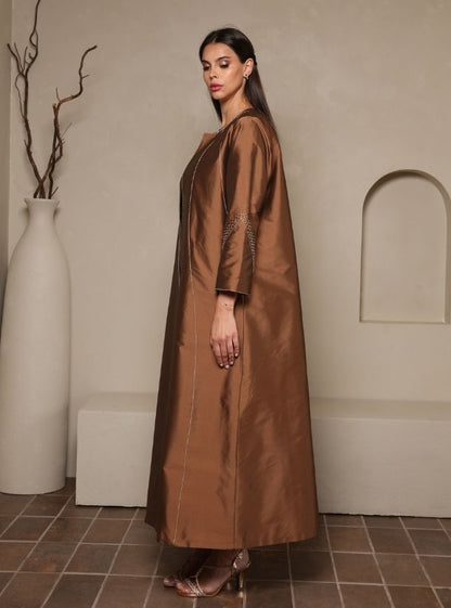 A Symphony of Style, Brown Raindrop Abaya Sleeves Craftsmanship.