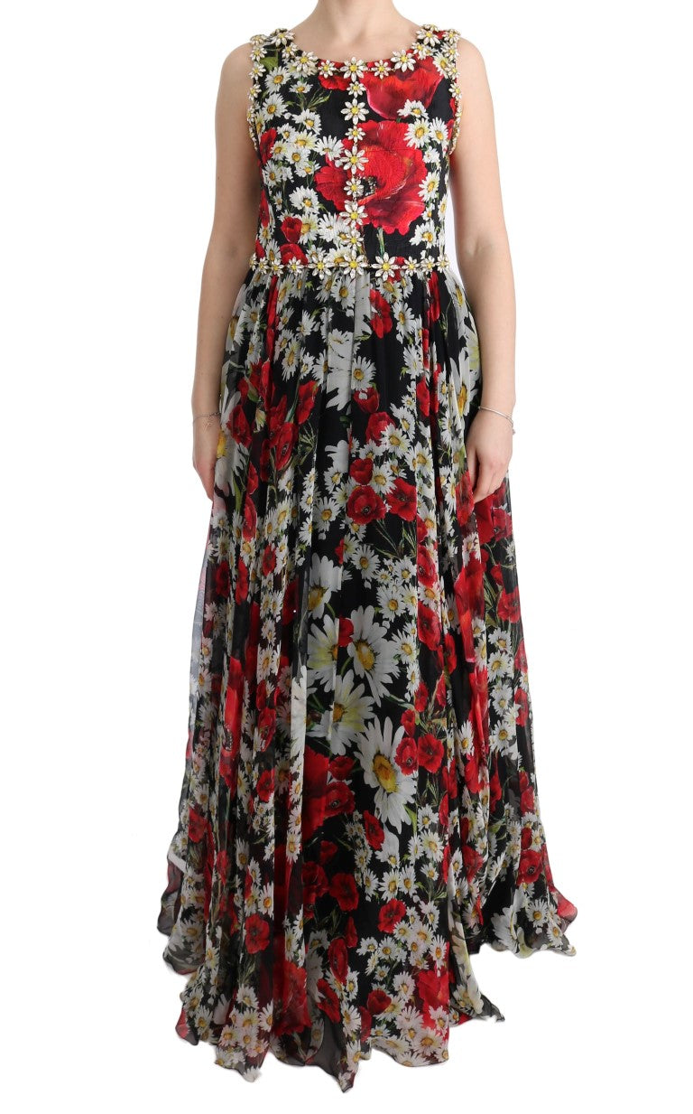 Dolce & Gabbana Multicolor Silk Floral Crystal Long Maxi Dress