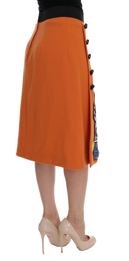 Dolce & Gabbana Orange Wool Crystal Sequin Appliques Skirt