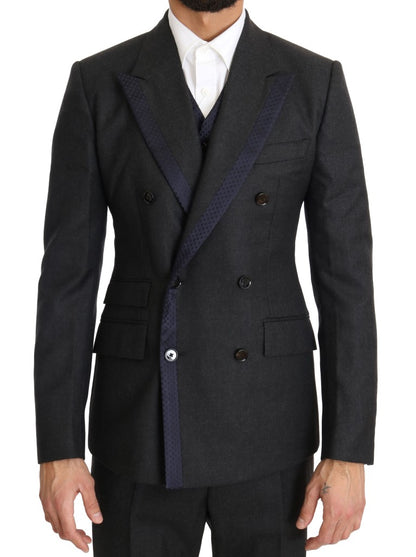 Dolce & Gabbana Gray Wool Blue Silk Double Breasted Suit