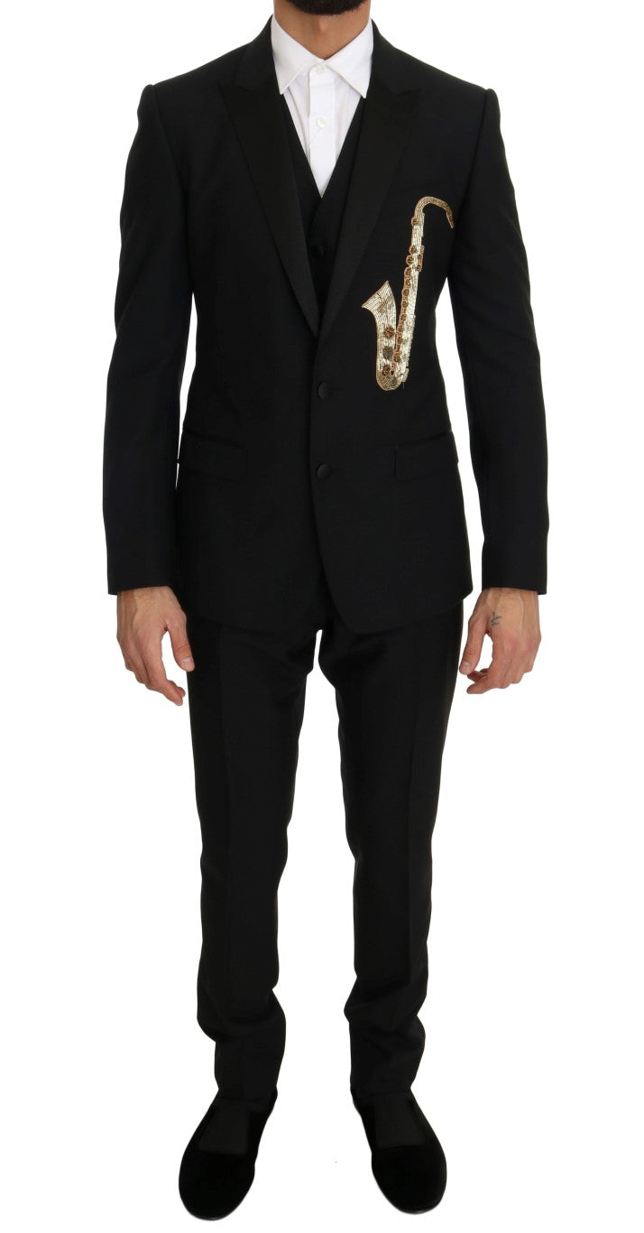 Dolce & Gabbana Black Wool Silk Saxophone Slim Fit Suit