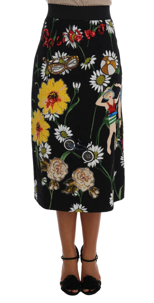 Dolce & Gabbana Black Embellished Daisy Brocade Skirt