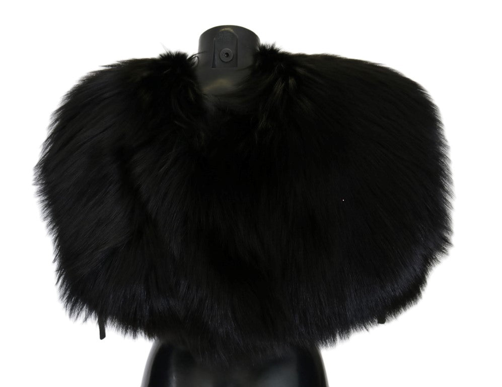 Dolce & Gabbana Elegant Black Silver Fox Fur Wrap Scarf