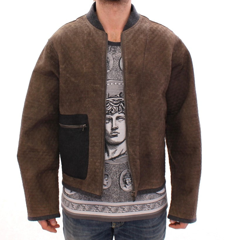 Dolce & Gabbana Brown Gray Leather Jacket Coat
