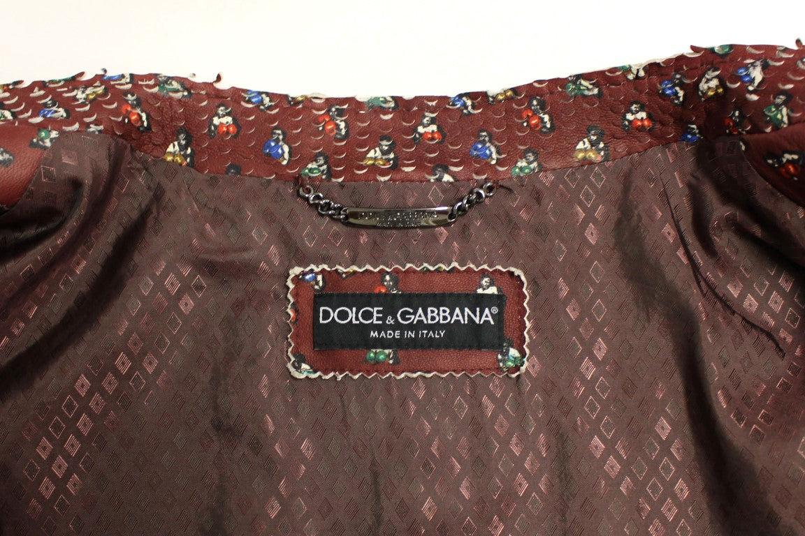 Dolce & Gabbana Bordeaux Leather Boxer Print Jacket Coat
