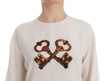 Dolce & Gabbana Ivory Sequined Silk Blouse Top