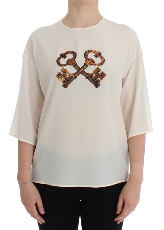 Dolce & Gabbana Ivory Sequined Silk Blouse Top