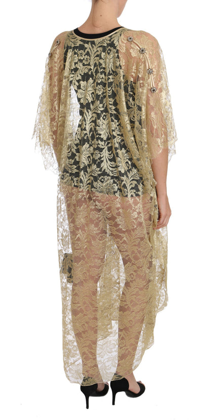 Dolce & Gabbana Gold Floral Lace Crystal Gown Cape Dress