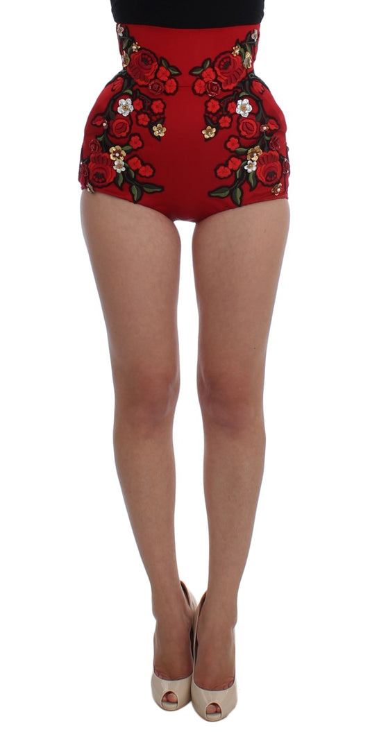 Dolce & Gabbana Glamorous Red Silk Floral Embroidered Shorts