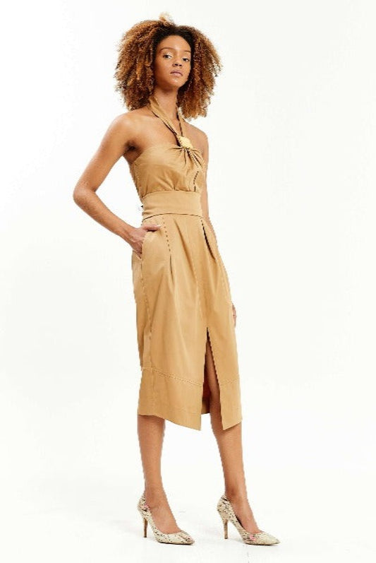 Sleeveless Midi Linen Column Regular Brown Casual Dress 